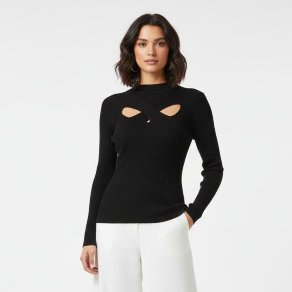 Cache’ Black Ribbed Knit Long Sleeve Cutout Bodice Neck Top NEW S